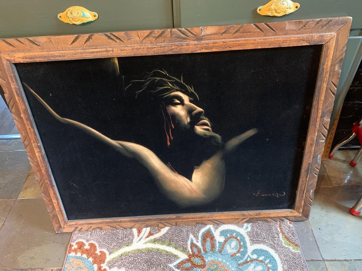 Large Vintage Velvet Painting Jesus 33 3/4” x 28 3/4”