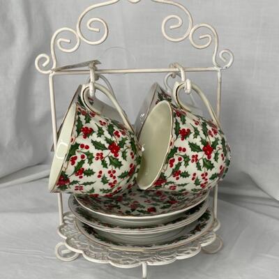 4 coffee Christmas  cups and saucers with metal stand for display