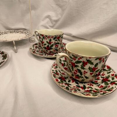 4 coffee Christmas  cups and saucers with metal stand for display