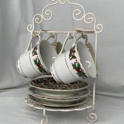 4 coffee Christmas  cups and saucers with metal stand for display