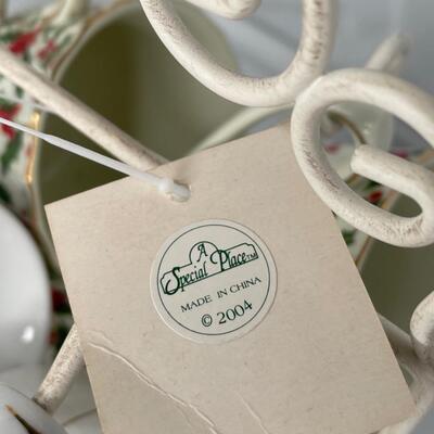 4 coffee Christmas  cups and saucers with metal stand for display