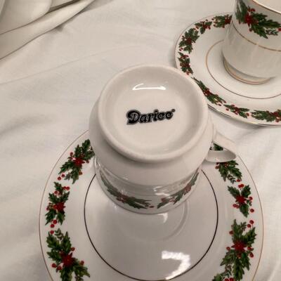 4 coffee Christmas  cups and saucers with metal stand for display