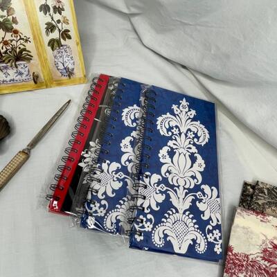 Misc paper items and cute 4 hook key holder, vintage beaded letter opener, shell pen holder SS