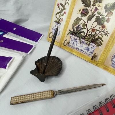 Misc paper items and cute 4 hook key holder, vintage beaded letter opener, shell pen holder SS