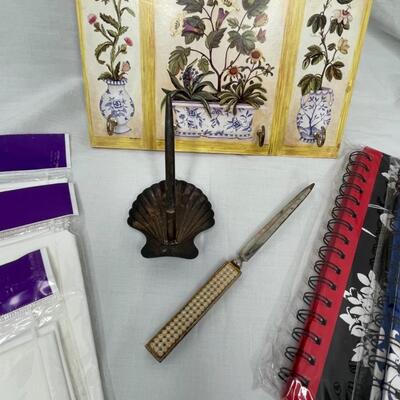 Misc paper items and cute 4 hook key holder, vintage beaded letter opener, shell pen holder SS