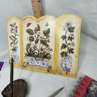 Misc paper items and cute 4 hook key holder, vintage beaded letter opener, shell pen holder SS