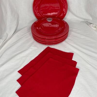 6 Brand new red plates and 3 napkins