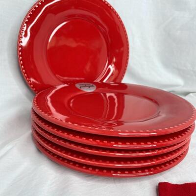 6 Brand new red plates and 3 napkins
