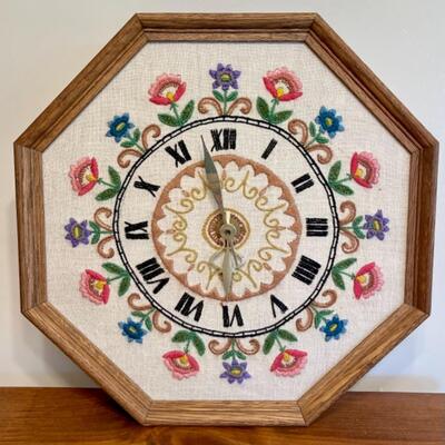 LOT 62:Vintage 1970s Floral Crewel Embroidery Clock
