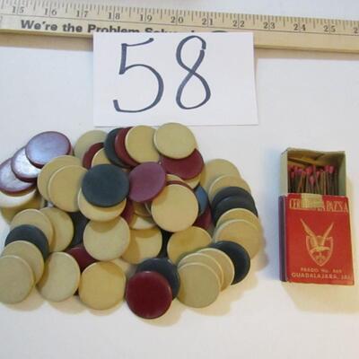 LOT 58  VINTAGE CLAY POKER CHIPS AND A BOX OF VERY OLD MATCHES