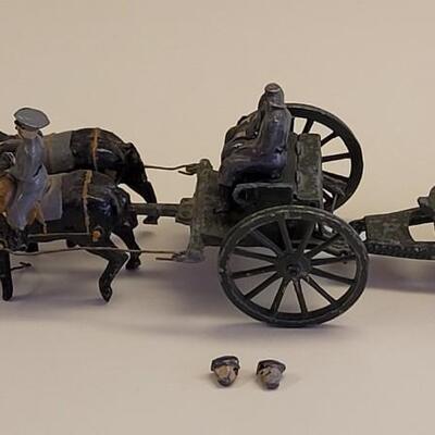 Lot 3: Late 1870's or Early 1880's Child's Cast Iron Cavalry Artillery Set with 4 Horses & 2 Riders, 2 Drivers Driving the Caisson Towing...