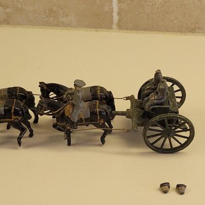 Lot 3: Late 1870's or Early 1880's Child's Cast Iron Cavalry Artillery Set with 4 Horses & 2 Riders, 2 Drivers Driving the Caisson Towing...