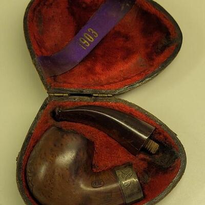 Lot 21: Antique 1903 Carved US Military Academy Sterling & Wood Pipe marked JM in Original Case