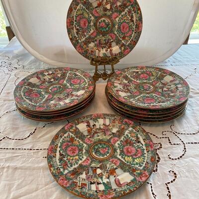 Set of Twelve Hand-Painted Rose Medallion Dessert Plates