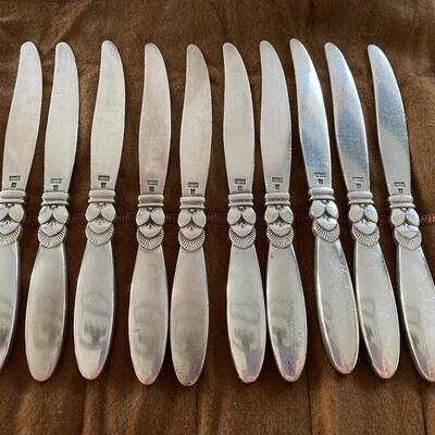 Georg Jensen Sterling Silver Cactus Pattern Bread and Butter Knives (Ten)