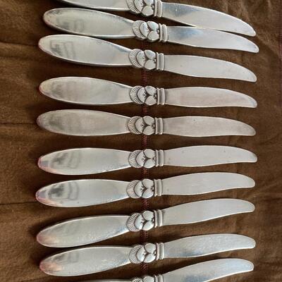 Georg Jensen Sterling Silver Cactus Pattern Bread and Butter Knives (Ten)
