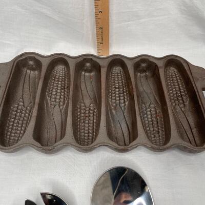 Cast Iron corn stick cornbread pan and Color Salad Utensils