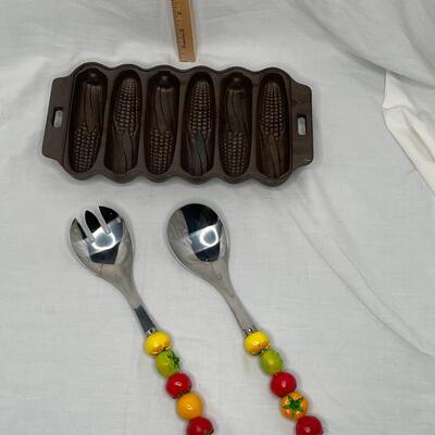 Cast Iron corn stick cornbread pan and Color Salad Utensils