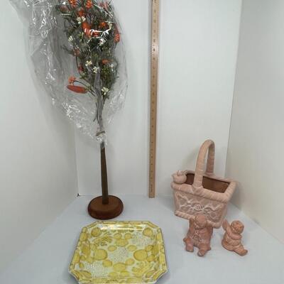 Faux tree, lemon plate, basket and 2 cherubs