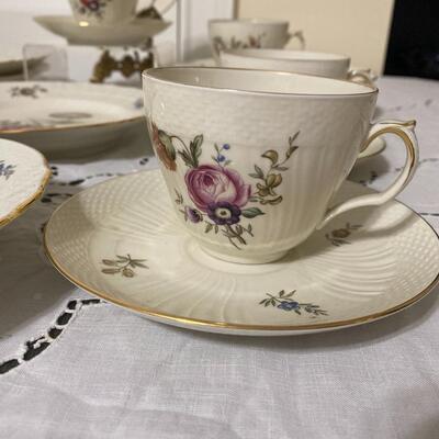 Set of Royal Copenhagen Frijsenborg Pattern Salad Plates, Tea Cups and Saucers