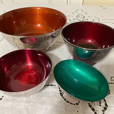 Four Vintage Silver Plate and Enamel Bowls
