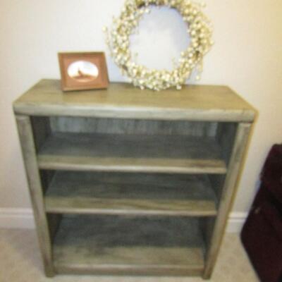 LOT 13  BOOKCASE, WREATH AND SMALL PICTURE