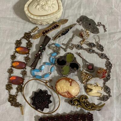 Collection of Vintage Costume Jewelry and Small Trinket Box