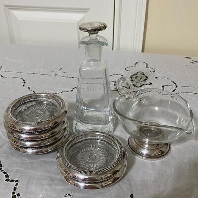 Silver Coasters, Creamer with Sterling Base and Vintage Oil and Vinegar Bottle