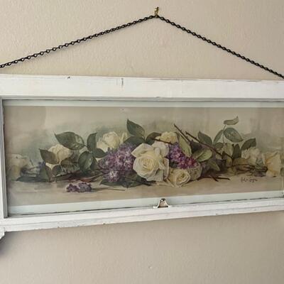 LOT 37:Antique Wood Window Frame with Floral Print