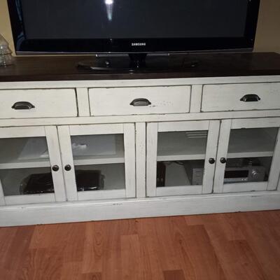 White wood TV stand cabinet, including 4 solid door inserts and removable back for easy access