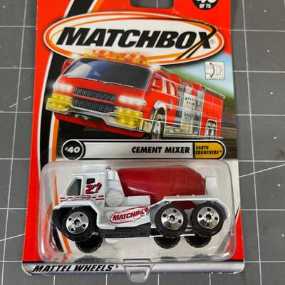 (3)  Matchbox Cars New Dump Truck, Cement Truck Bulldozer