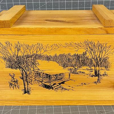 Wood Box with Etched Scene Cabin in the Woods 