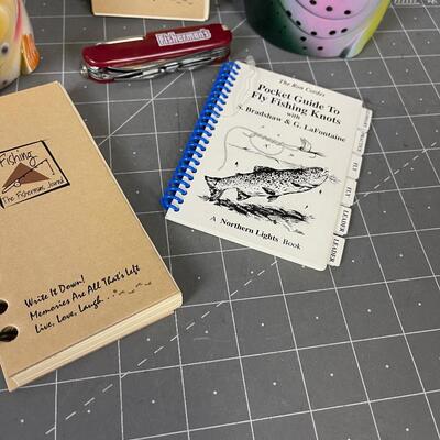 The Fisherman's Desk: Pen Holder, Note Book and Pocket Knife.