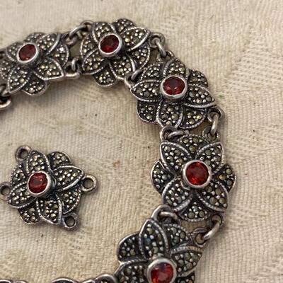Sterling Silver Marcasite and Red Stone Flora Form Link Bracelet