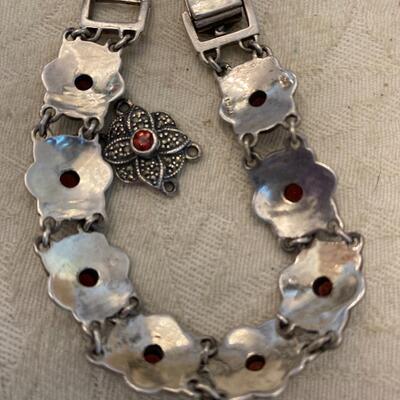 Sterling Silver Marcasite and Red Stone Flora Form Link Bracelet