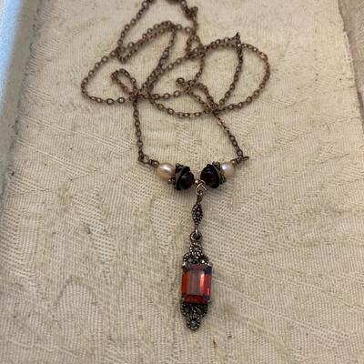 Sterling Silver and Red Stone Pendant Necklace