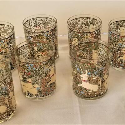 Lot #102 Super desirable set of MidCentury bar glasses - Cera "Unicorns in Captivity" - set of 8 - like new
