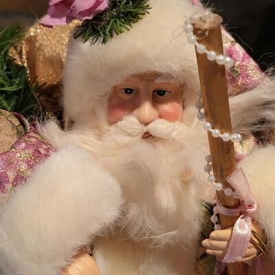 Vintage Old World Porcelain Santa Statue | Gold and White with Pink Flowers and Pants