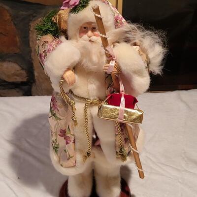 Vintage Old World Porcelain Santa Statue | Gold and White with Pink Flowers and Pants