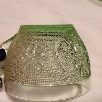 Tiara Green Glass Teacups and Sandwich Plates - Full Set