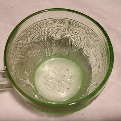 Tiara Green Glass Teacups and Sandwich Plates - Full Set