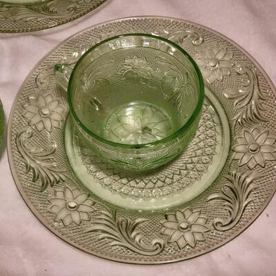 Tiara Green Glass Teacups and Sandwich Plates - Full Set