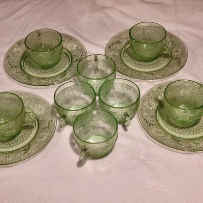 Tiara Green Glass Teacups and Sandwich Plates - Full Set