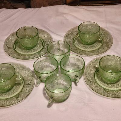 Tiara Green Glass Teacups and Sandwich Plates - Full Set