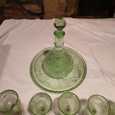 Vintage Sandwich Light Green by Tiara, Glass Decanter Set, Tray