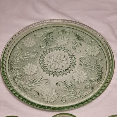 Vintage Sandwich Light Green by Tiara, Glass Decanter Set, Tray