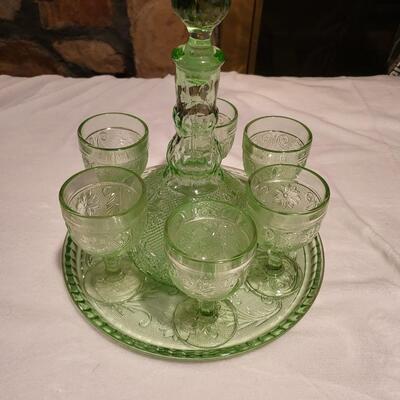 Vintage Sandwich Light Green by Tiara, Glass Decanter Set, Tray