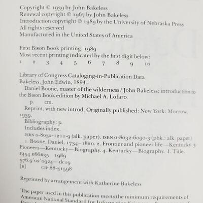 1989 DANIEL BOONE MASTER OF THE WILDERNESS BY JOHN BAKELESS  PAPERBACK