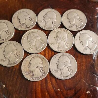 Lot 48: Assortment of (10) Pre-1965 90% Silver Quarters 1940's - 60's LOT #2