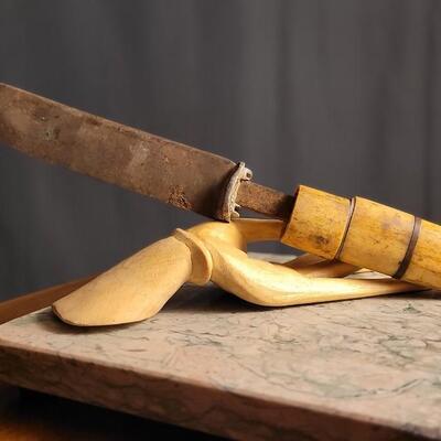 Lot 51: Antique Handcrafted Folk Art Bone Segment Handle Large Knife - Perfect Restoration Project